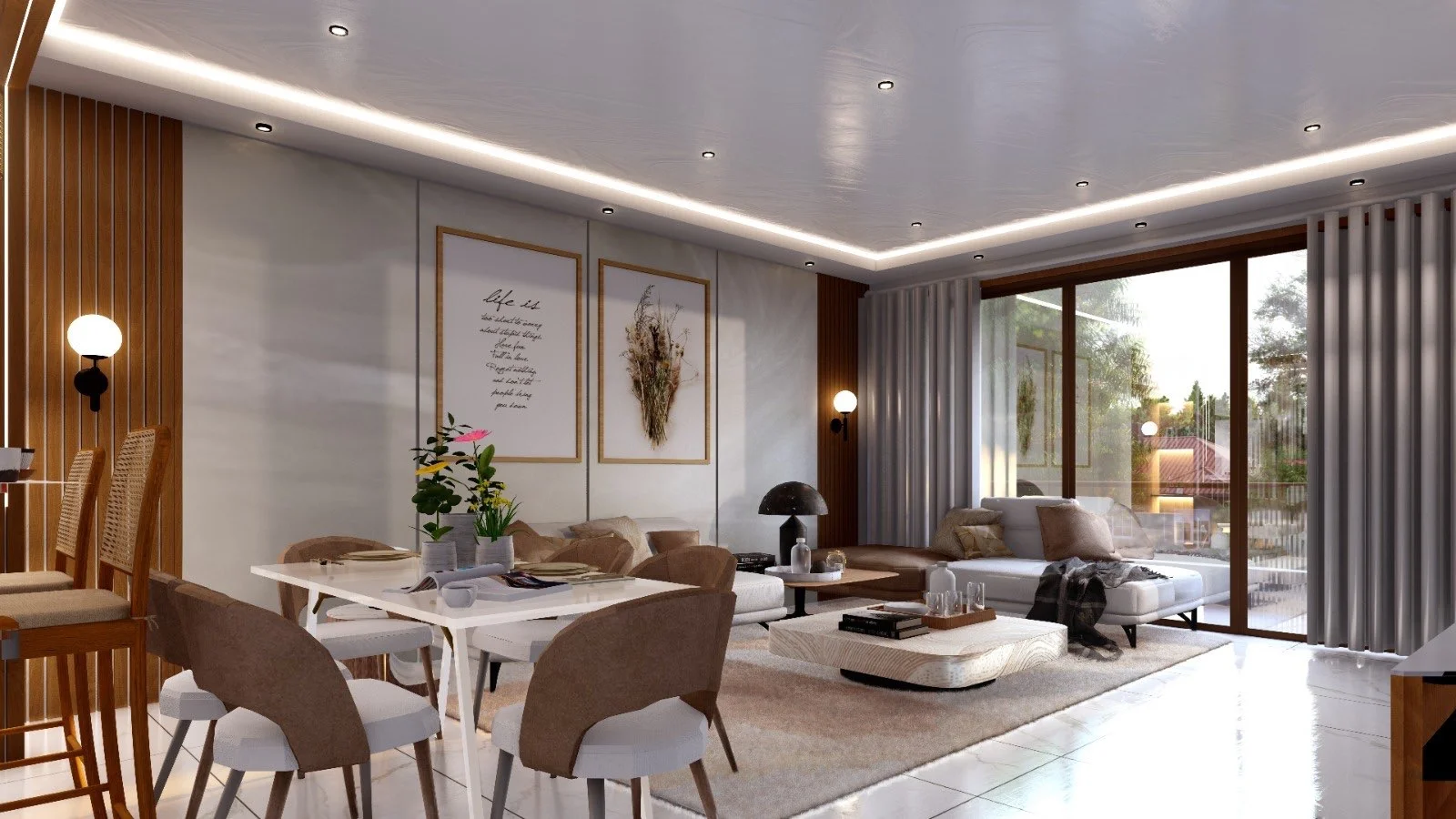 Living and dining area rendering at Kings Pinnacle, Westlands, with sofas, dining table and sliding glass doors.