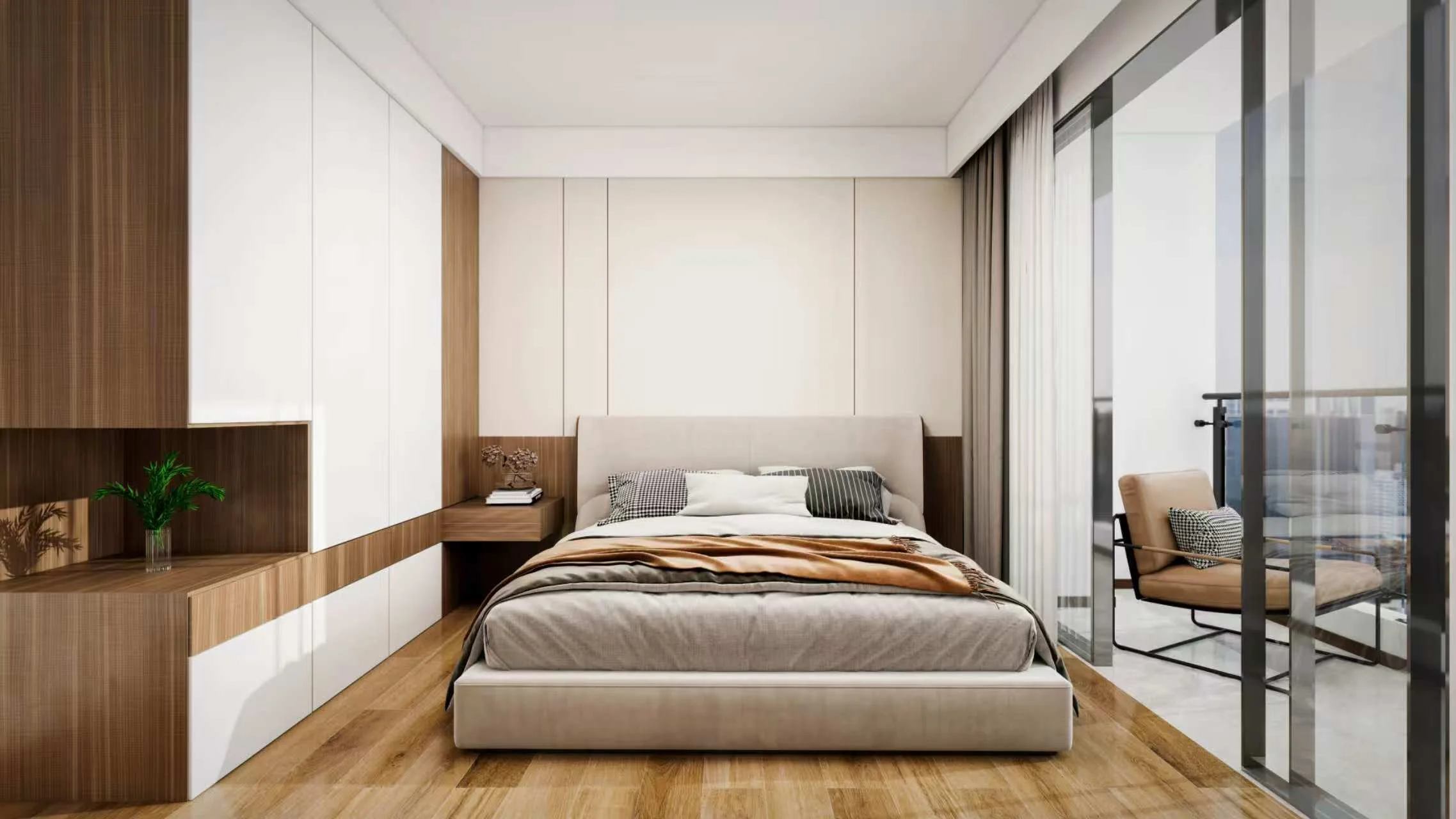 Bedroom rendering at Lenana Springs Garden, Kilimani, with built-in cabinetry and sliding glass doors to a balcony.