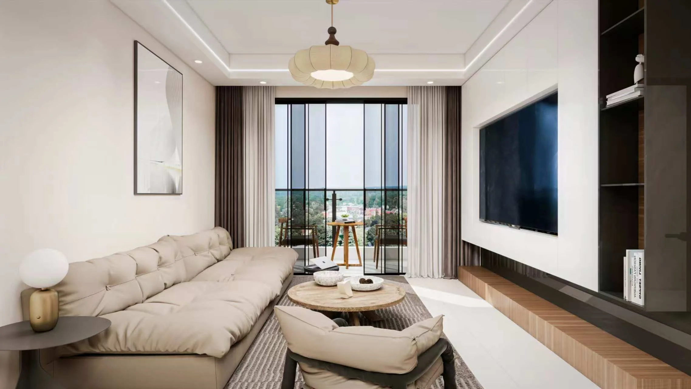 Living room rendering at Lenana Springs Garden, Kilimani, with beige seating, round coffee table and balcony doors.