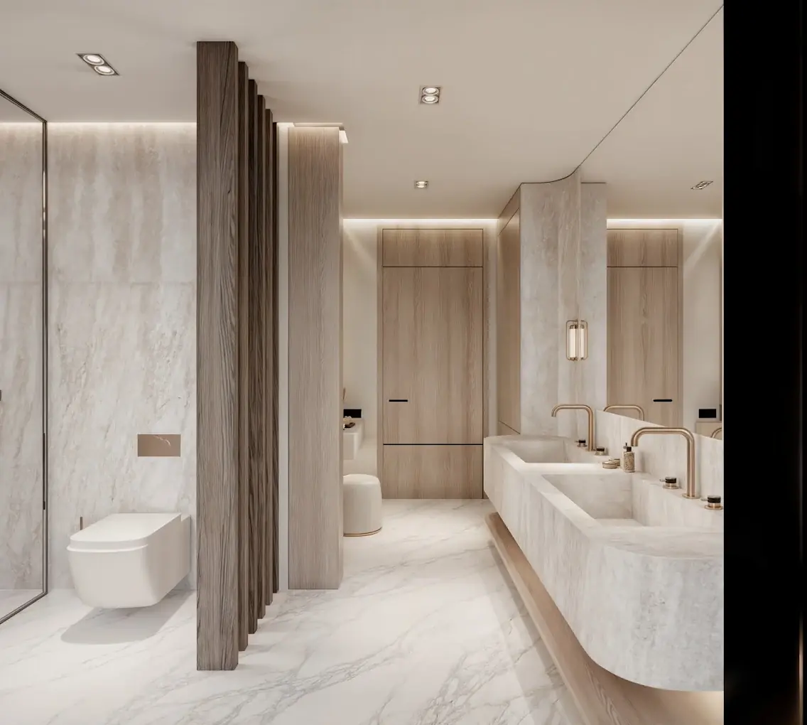 Bathroom at LeRoux Villas, Lavington, with a double vanity, gold-toned taps and a vertical wood-slat divider.