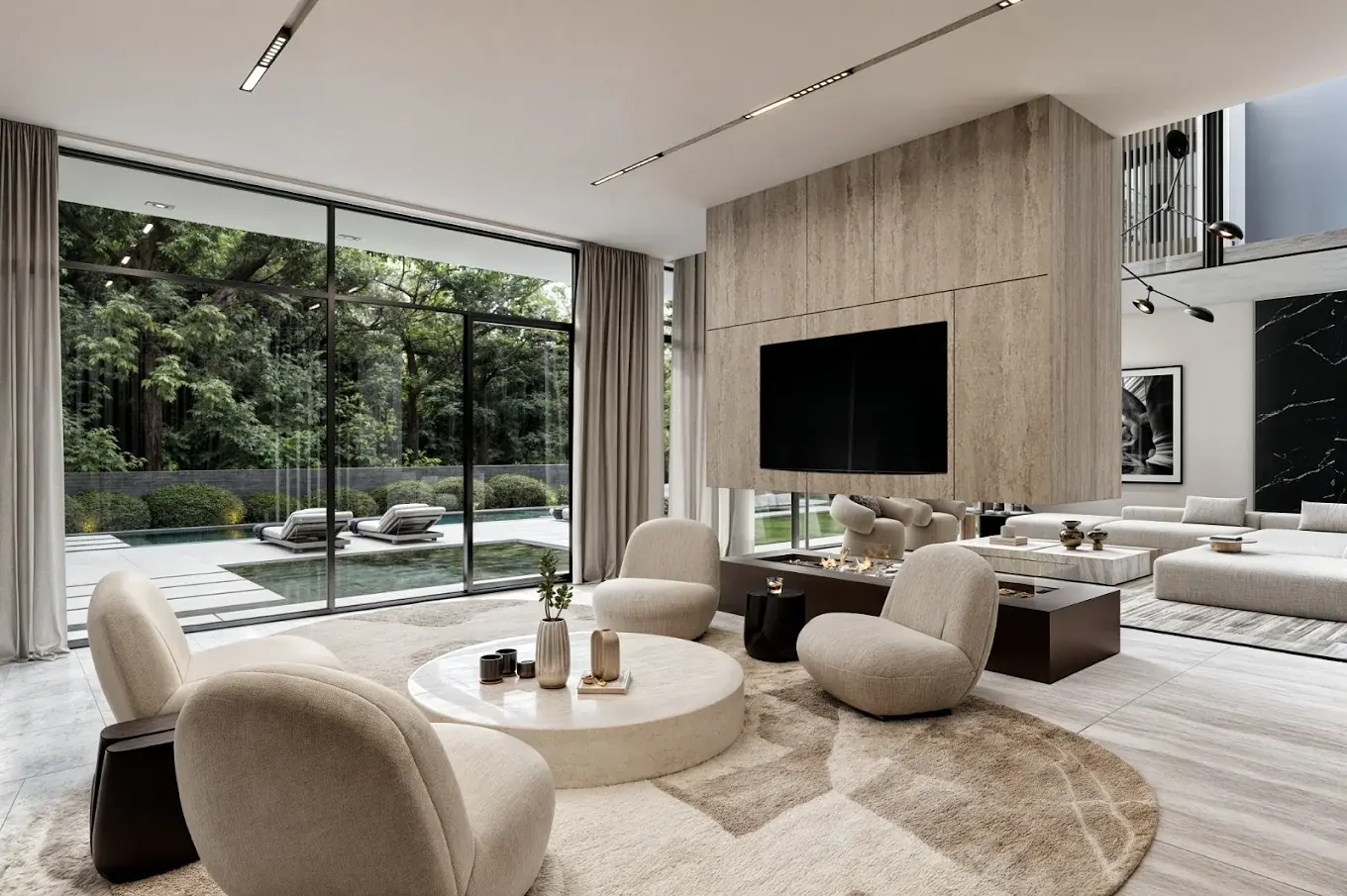 Living area rendering at LeRoux Villas, Lavington, with rounded armchairs, a central fireplace and pool-facing windows.