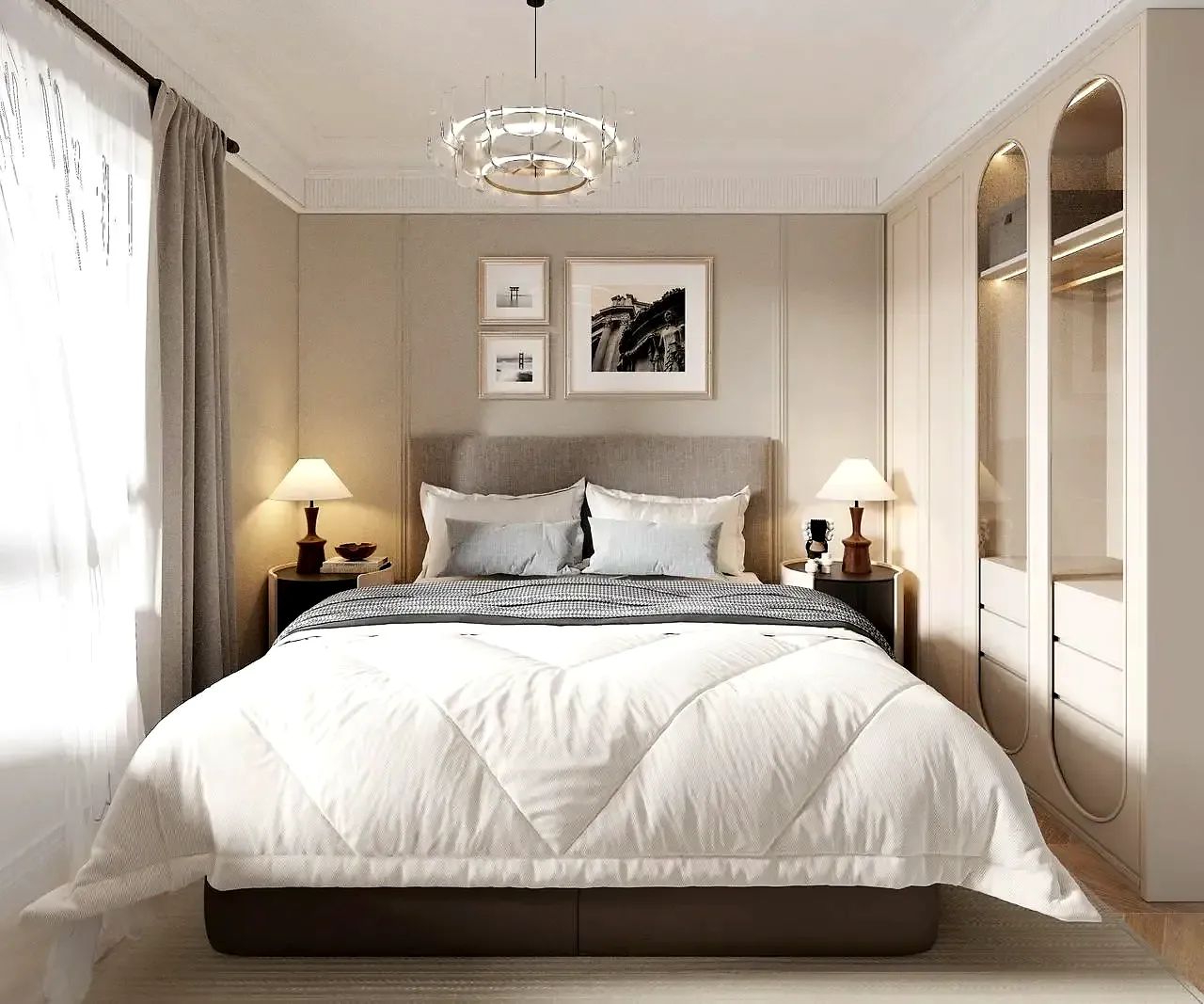 Lido Garden bedroom in Kilimani with an upholstered headboard, white bedding and matching bedside lamps.