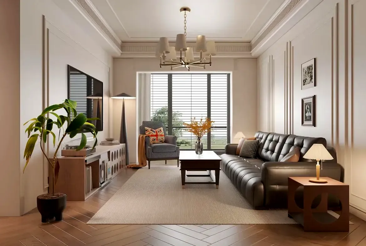 Furnished living room at Lido Garden, Kilimani, with a dark tufted sofa, coffee table and chandelier.