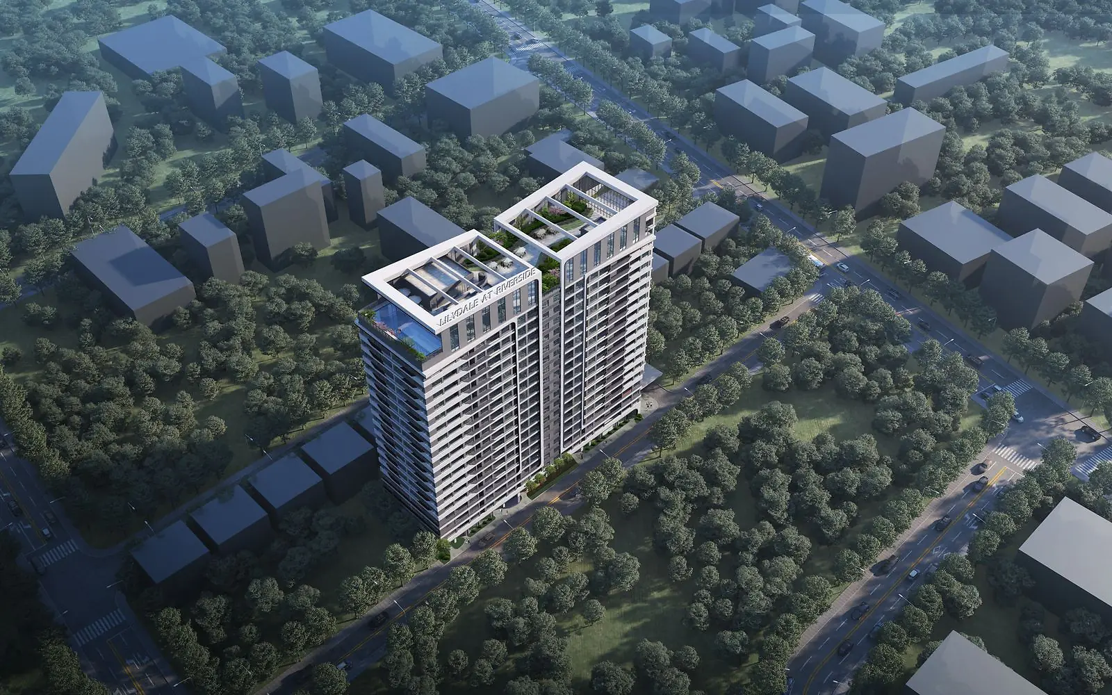 Aerial rendering of Lilydale Riverside Apartments with twin towers, rooftop terraces and surrounding tree-lined streets.