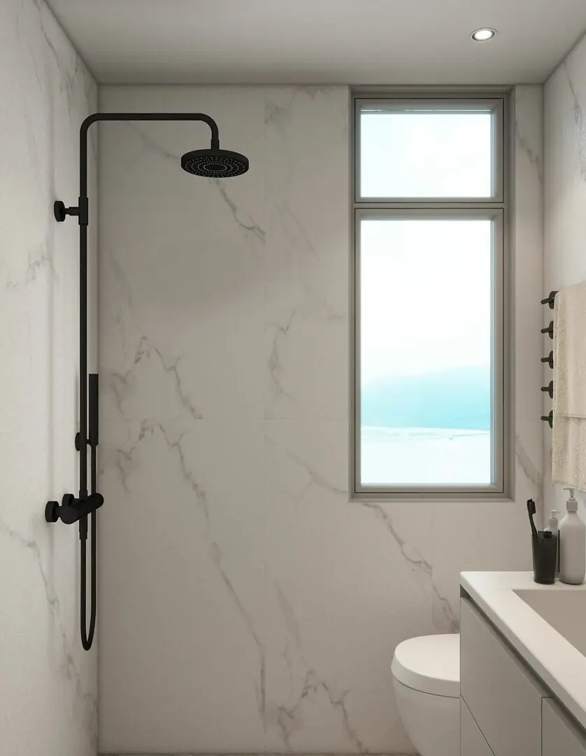 Lilydale Riverside bathroom with black rainfall shower, marble-effect walls, tall window, toilet and partially visible vanity.