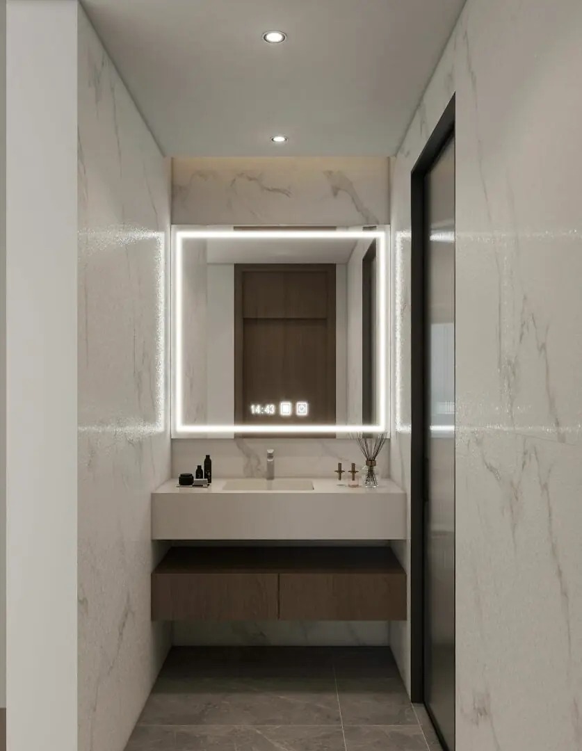 Lilydale Riverside bathroom vanity with an illuminated mirror, white basin and floating wood-tone drawers.