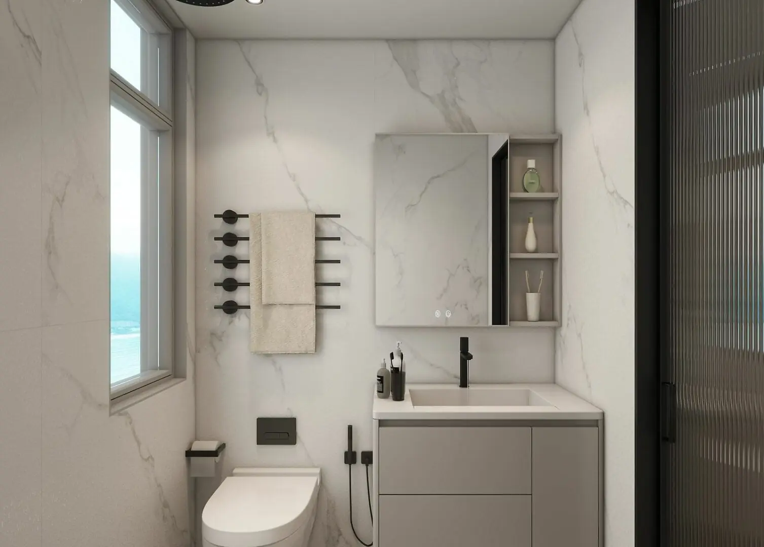 Bathroom rendering at Lilydale Riverside with a grey vanity, mirror, black fixtures and marble-effect walls.