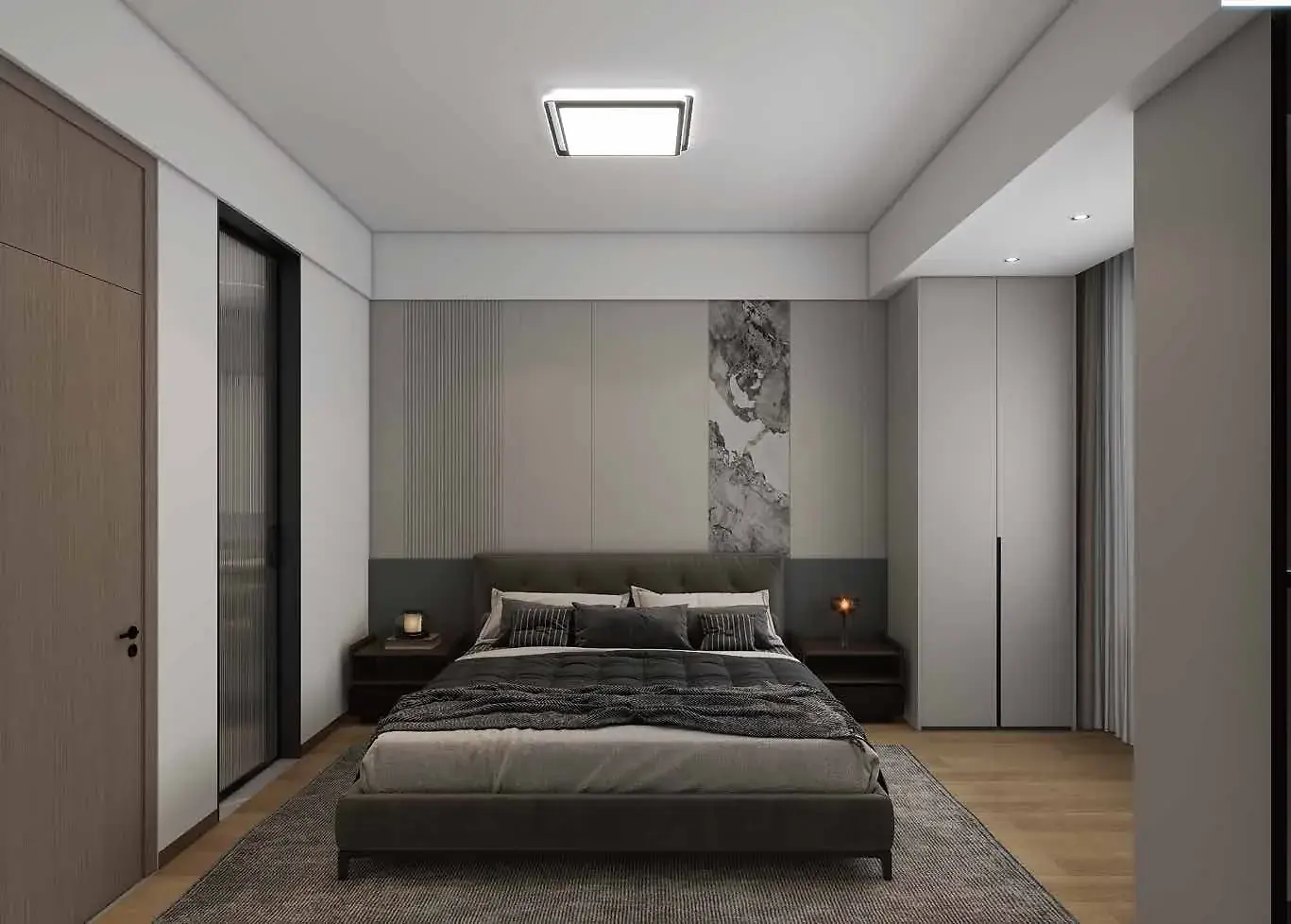Bedroom rendering at Lilydale Riverside with an upholstered bed, bedside tables and a tall wardrobe.