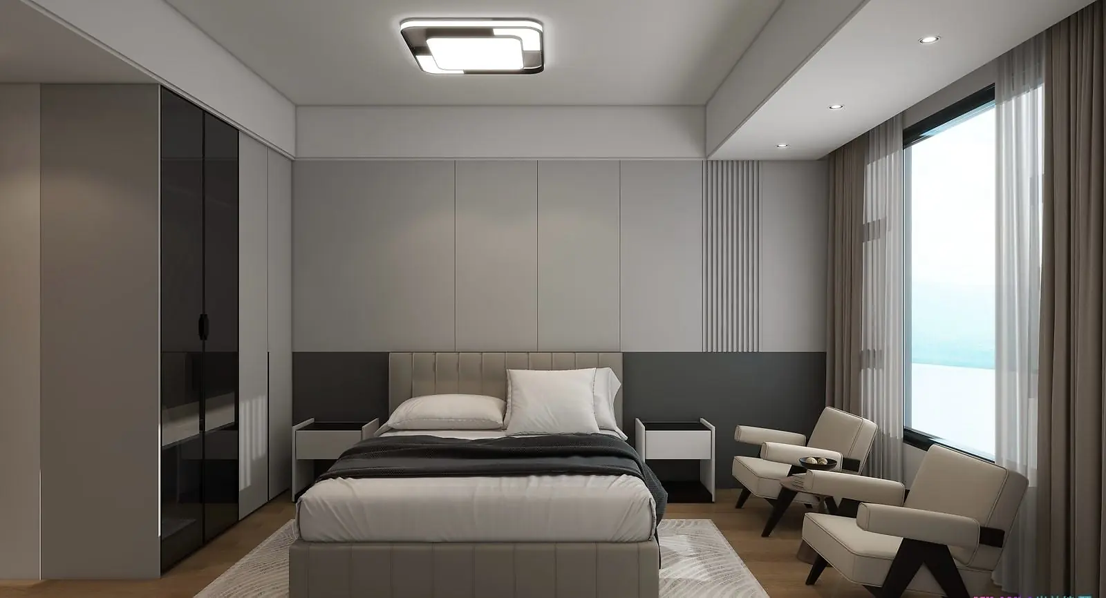 Bedroom rendering at Lilydale Riverside with an upholstered bed, fitted wardrobes and two armchairs beside a curtained window.