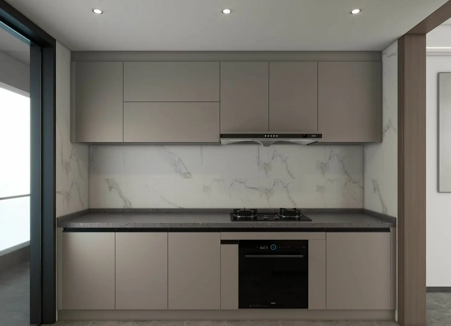 Kitchen at Lilydale Riverside with grey cabinets, a built-in oven, gas hob and marble-pattern backsplash.