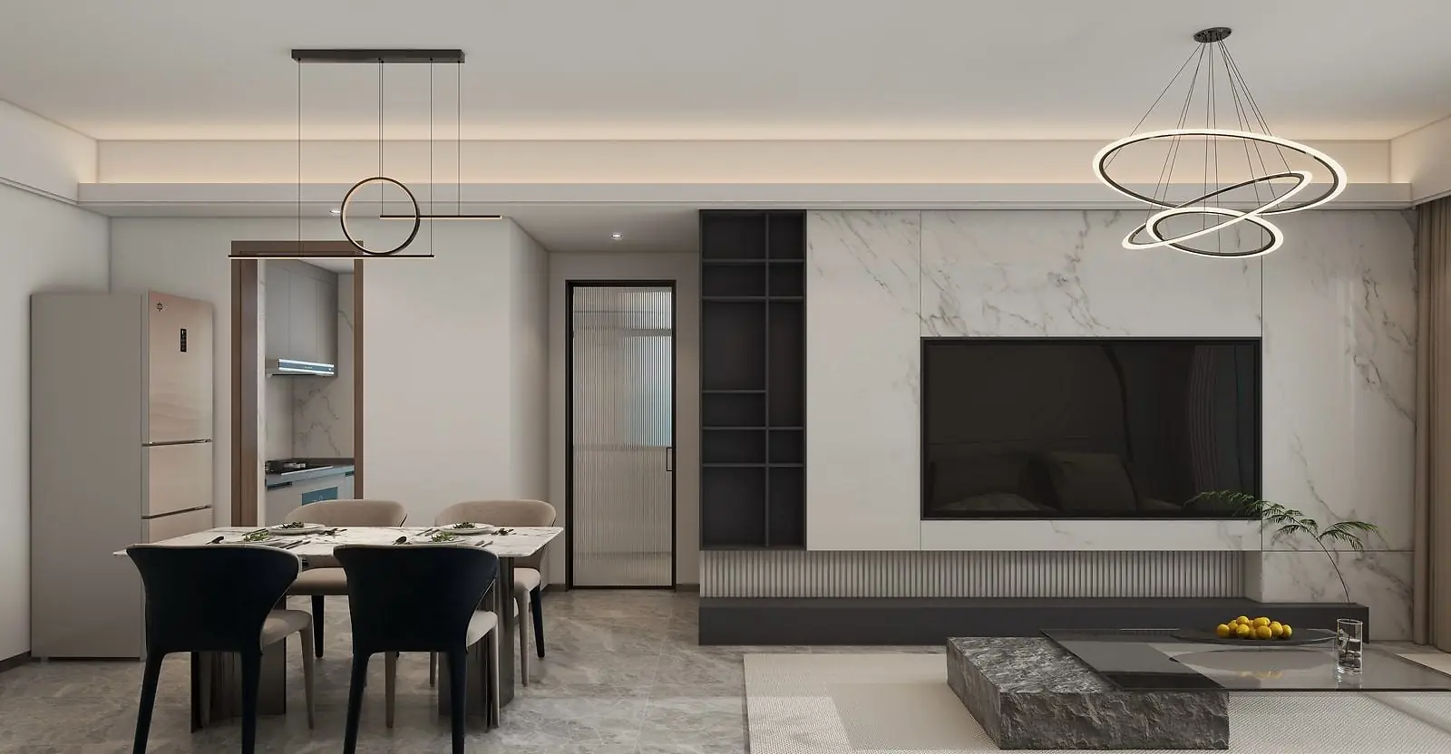 Lilydale Riverside living and dining area rendering with pendant lights, dining table and television.