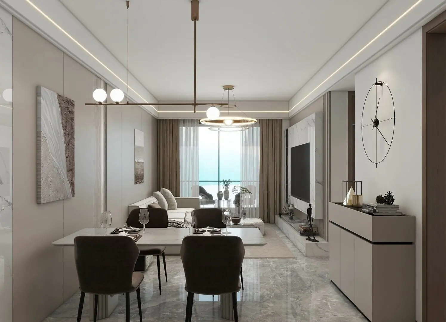 Lilydale Riverside living and dining room rendering with a four-seat table, sofa, pendant lights and wall-mounted television.
