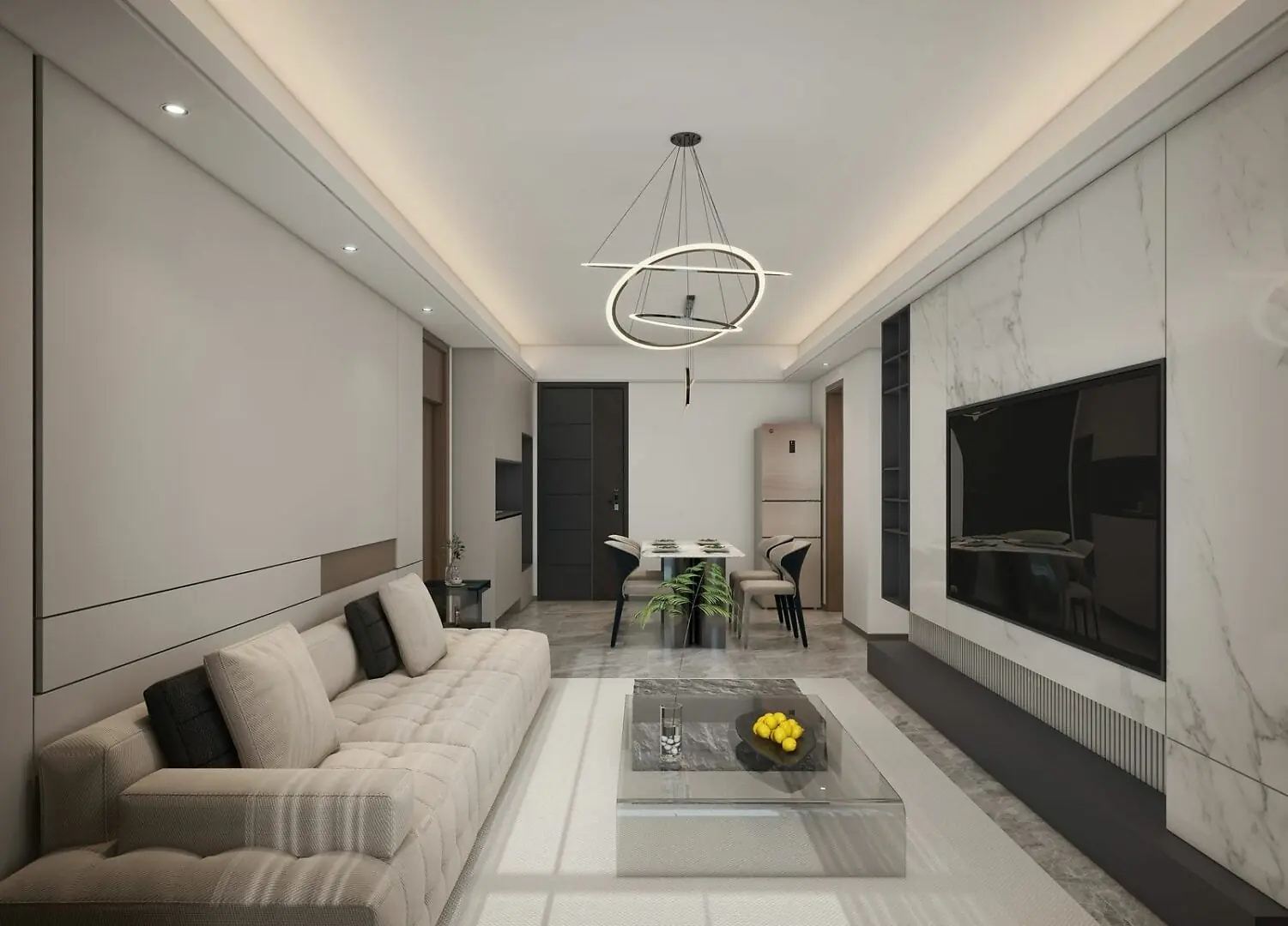 Lilydale Riverside living and dining room rendering with a beige sofa, wall-mounted TV and circular pendant light.