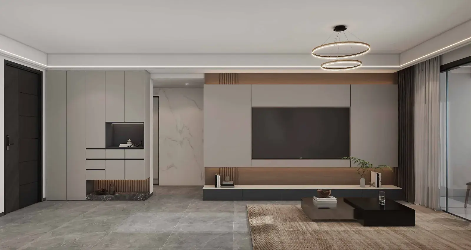 Lilydale Riverside living room rendering with a television wall, built-in cabinets and circular pendant lights.