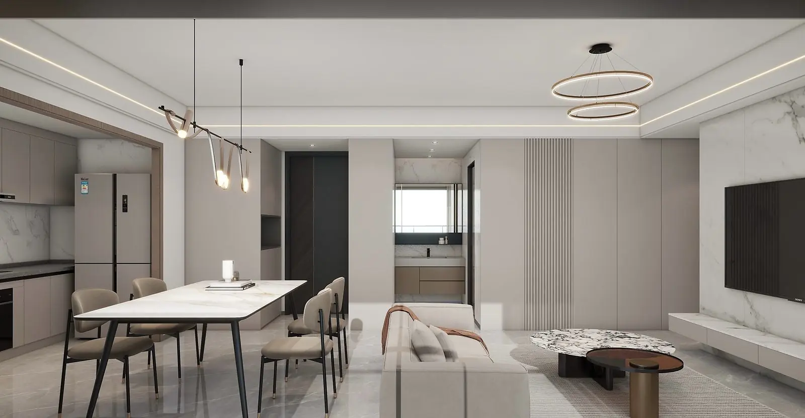 Rendered open-plan living and dining area with an adjoining kitchen at Lilydale Riverside Apartments.