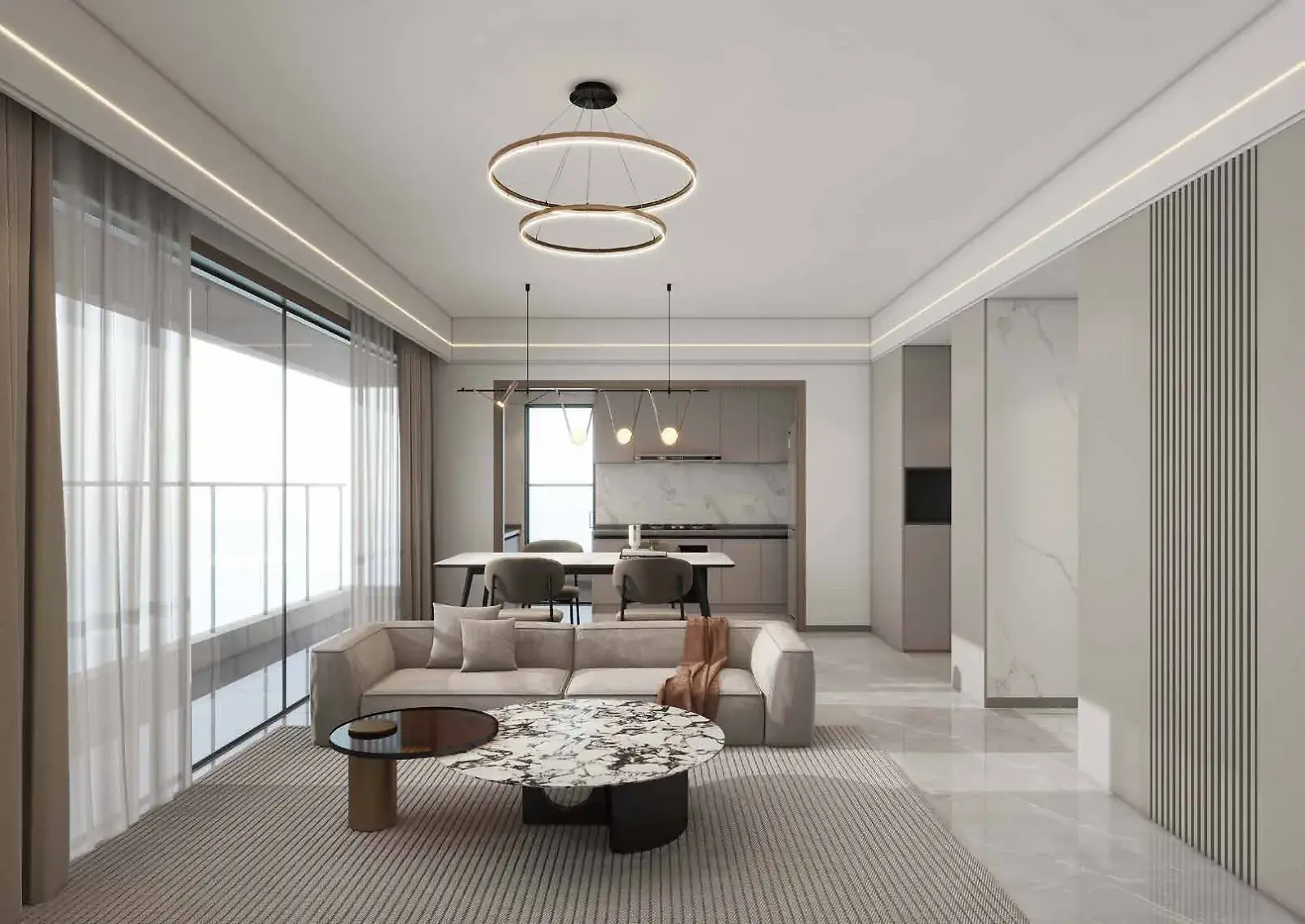 Lilydale Riverside interior rendering showing a sofa, coffee tables, dining area and open kitchen.