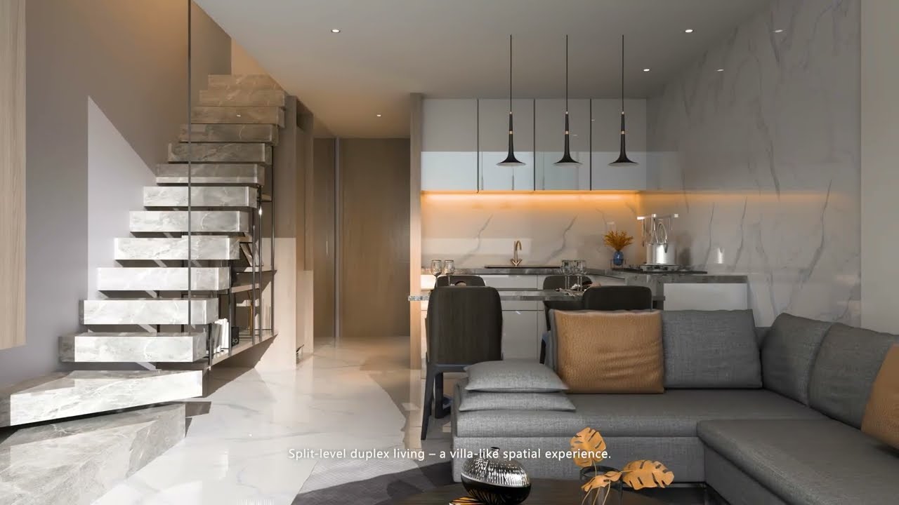 Longines Bay Kilimani duplex rendering with a grey sectional sofa, open-plan kitchen and staircase.