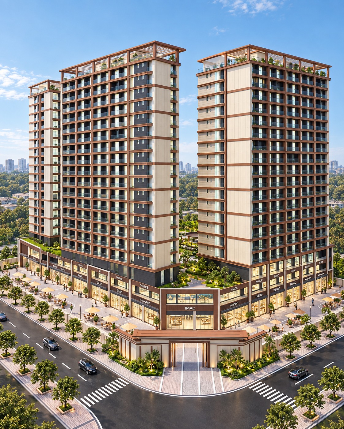 Exterior rendering of Longines Bay Kilimani, showing apartment towers, balconies, rooftop terraces and retail storefronts.