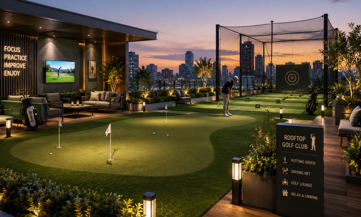 Rooftop golf area rendering at Longines Bay Kilimani, with a putting green, practice net and lounge seating.