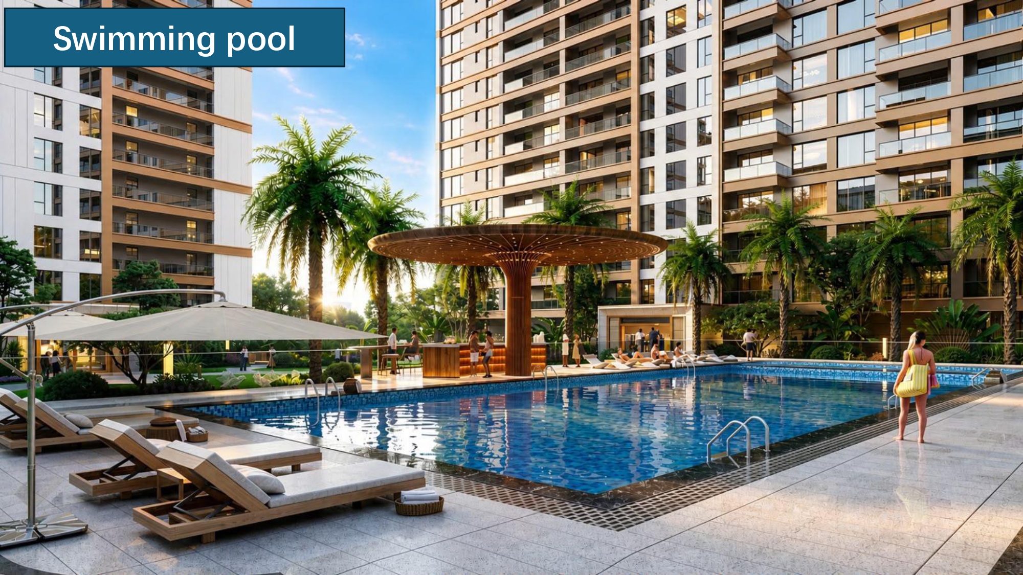 Swimming pool rendering at Longines Bay Kilimani, with sun loungers, palm trees and surrounding apartment buildings.