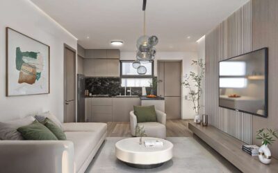 Loresho apartment living room with grey seating, green cushions, a round coffee table and wall-mounted television.