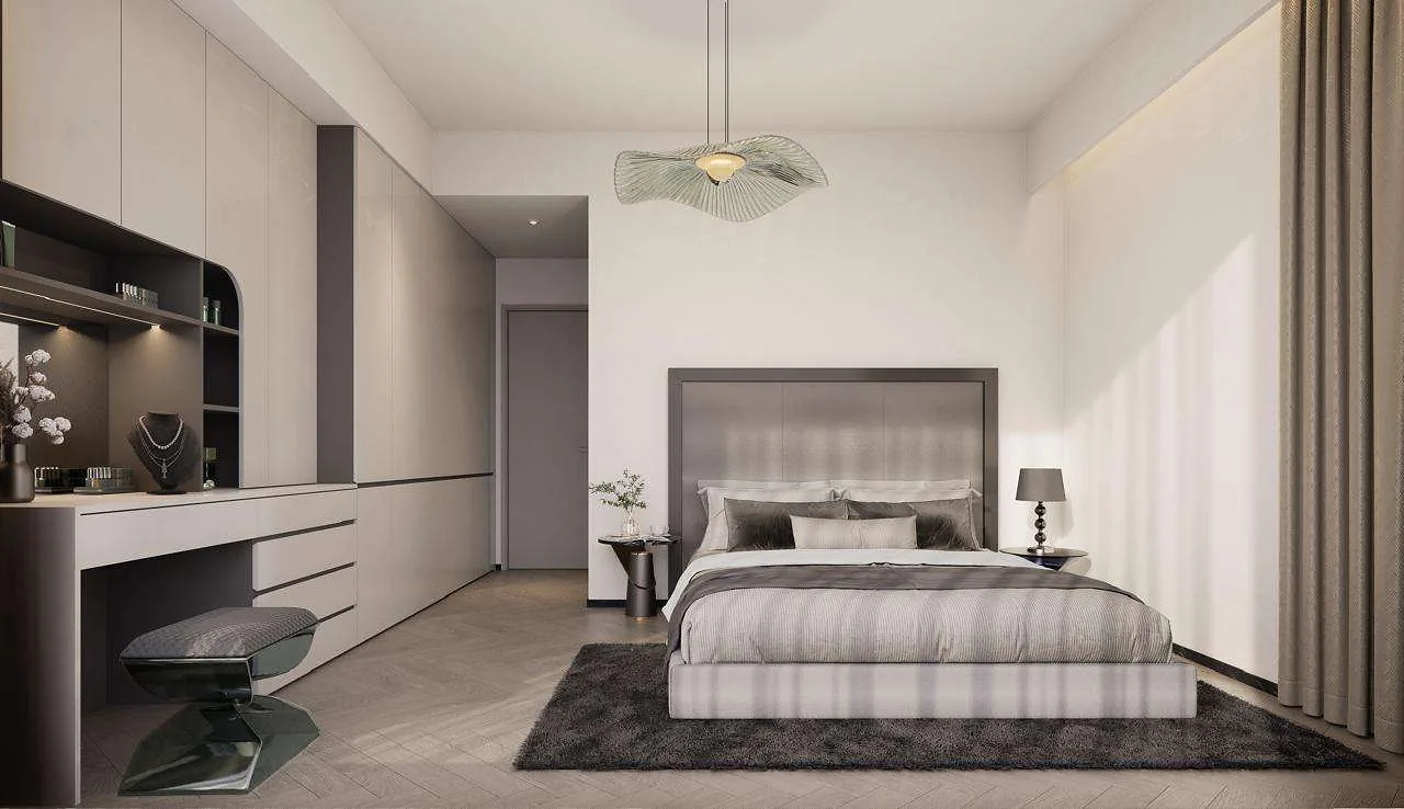 Bedroom rendering at Mara Grove Residence with an upholstered bed, built-in wardrobes and a dressing table.