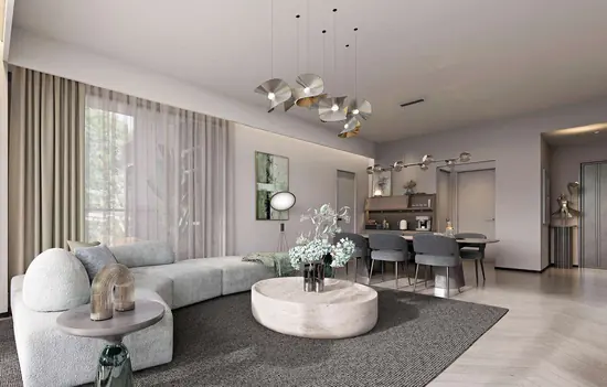 Rendered living and dining area at Mara Grove Residence, with a curved sofa and round coffee table.