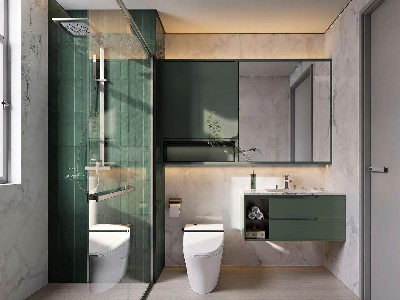 Bathroom rendering at Mara Grove Residence, Syokimau, with a glass-enclosed shower, green vanity and large mirror.