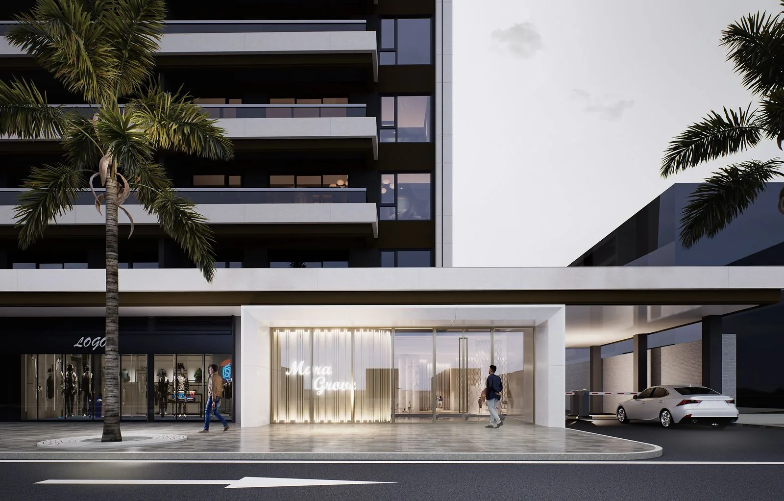 Mara Grove Residence entrance rendering in Syokimau, showing glass doors, balconies, palm trees and an adjacent storefront.