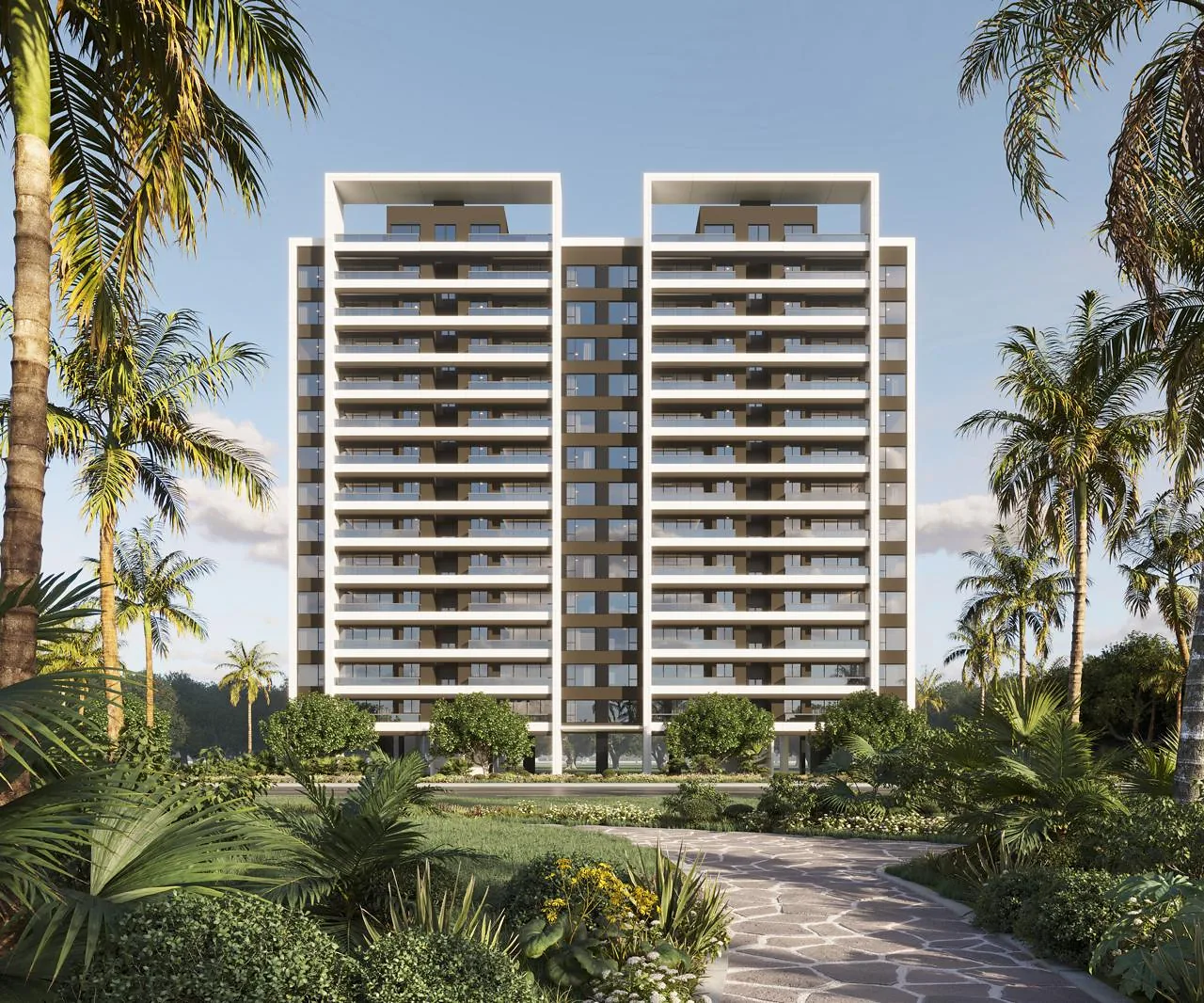 Exterior rendering of Mara Grove Residence in Syokimau, with balconies, palm trees and a landscaped walkway.