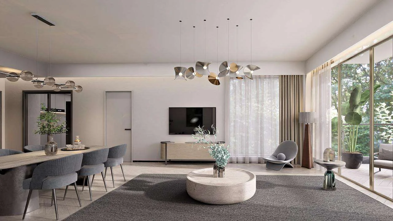 Living and dining area rendering at Mara Grove Residence, with pendant lights and a round coffee table.