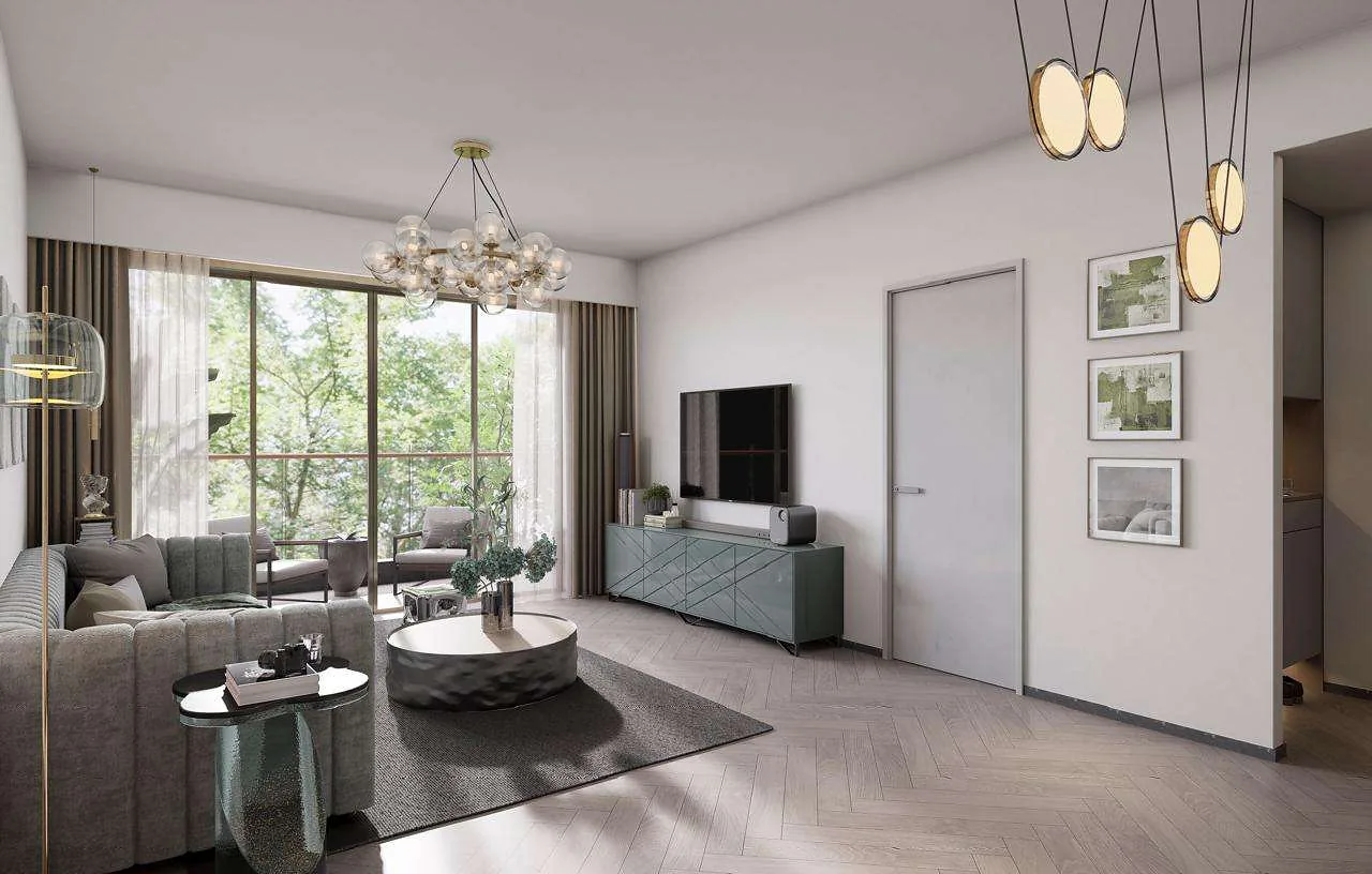 Living room rendering at Mara Grove Residence, Syokimau, with grey seating, round coffee table and balcony doors.