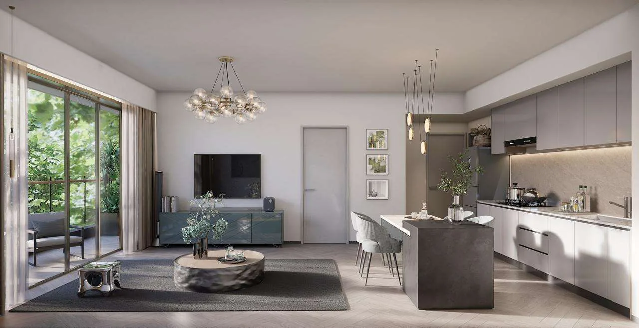 Rendered open-plan living area and kitchen at Mara Grove Residence, Syokimau, with dining seating and balcony access.