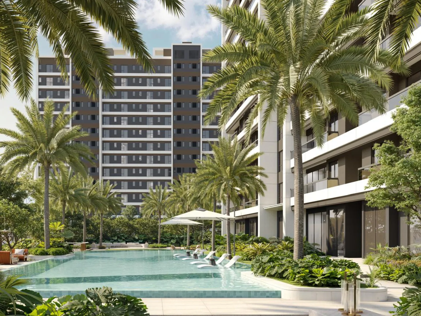 Rendering of Mara Grove Residence in Syokimau, with a swimming pool, palm trees and surrounding apartment buildings.
