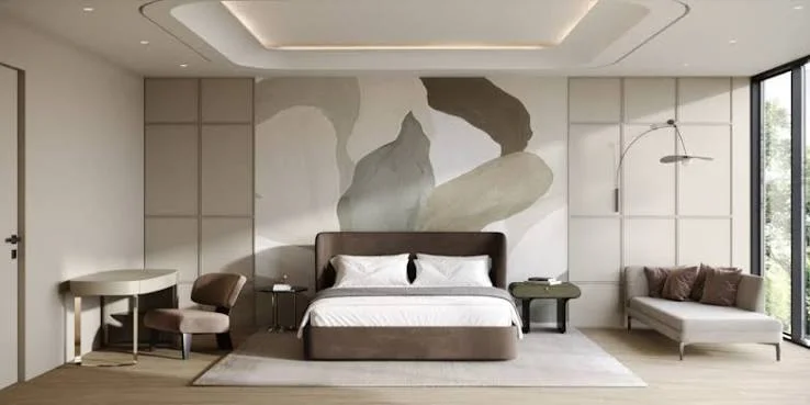 Bedroom rendering for Next Amani, Tatu City, with an upholstered bed, abstract wall mural and desk.