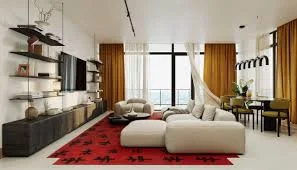 Living room rendering at Next Amani, Tatu City, with a cream sectional sofa and red patterned rug.