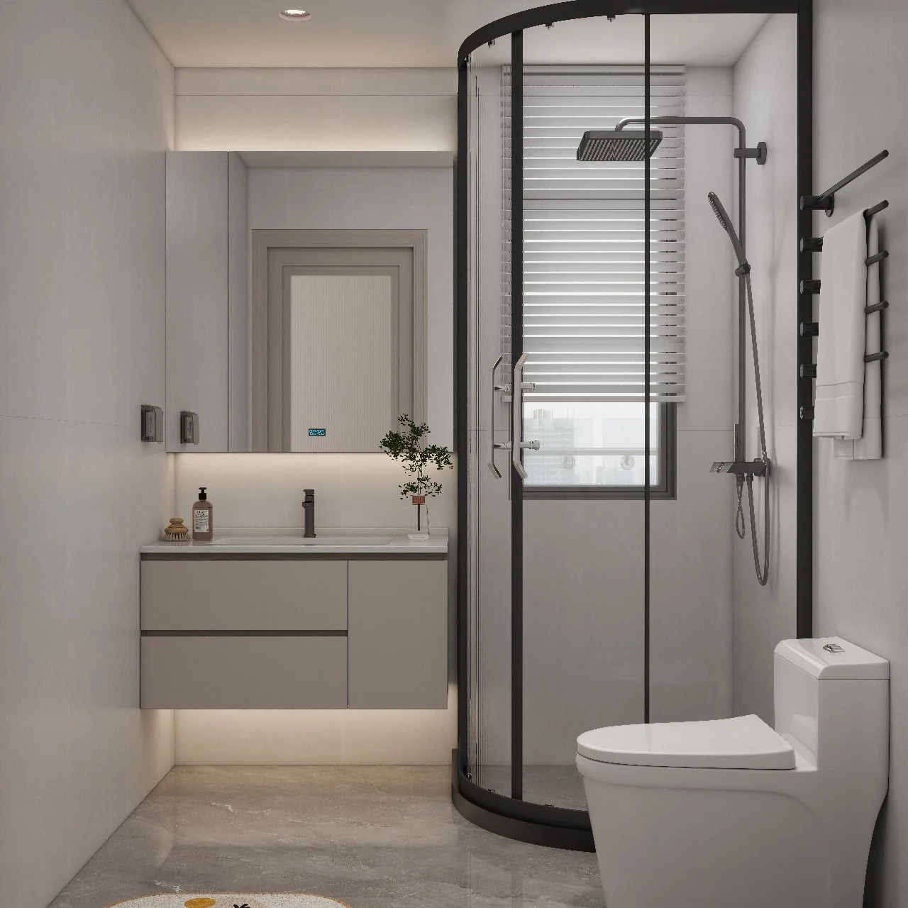 Bathroom at Nova Garden, Kilimani, with a curved glass shower enclosure, floating vanity and toilet.