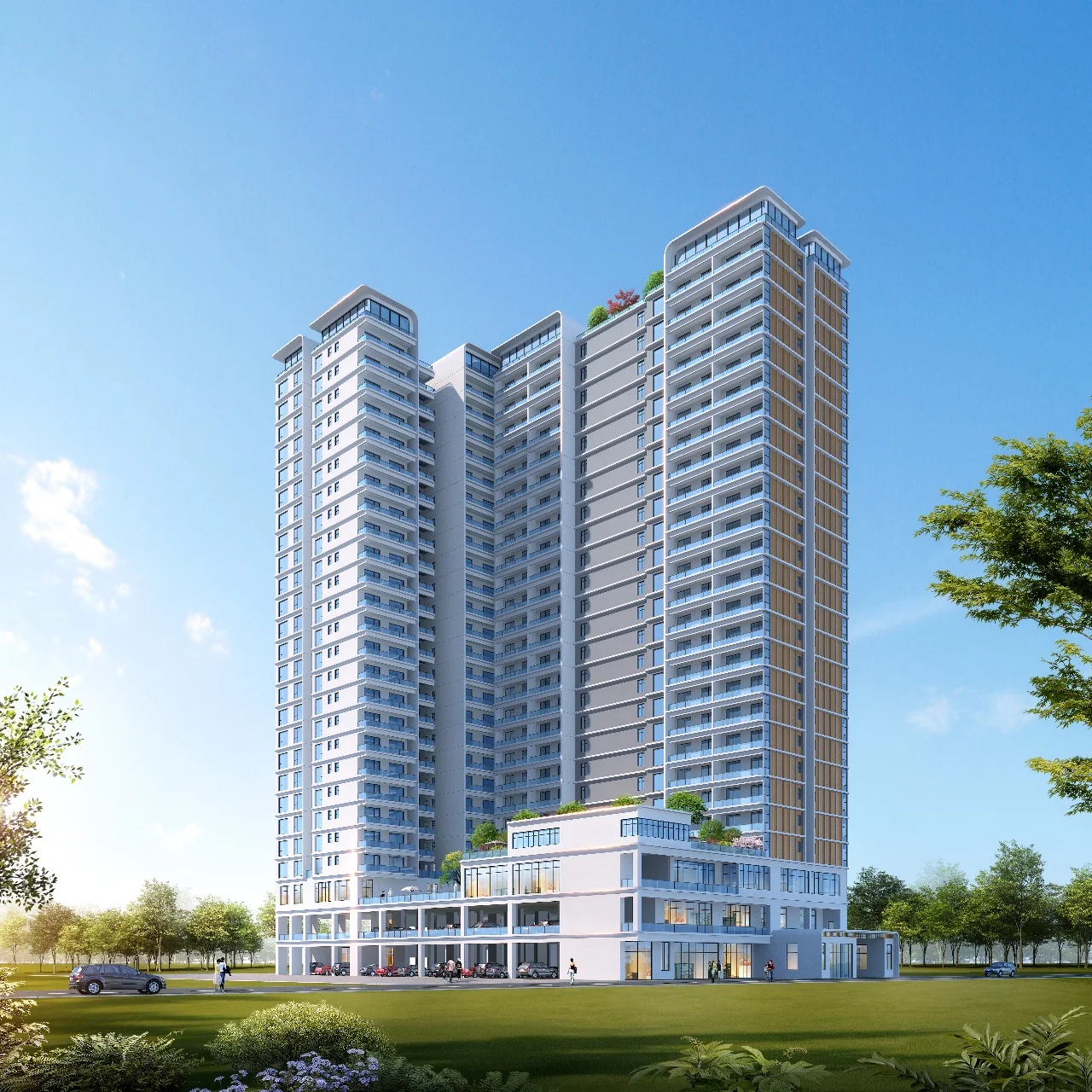 Exterior rendering of Nova Garden in Kilimani, showing high-rise apartments, balconies and landscaped grounds.