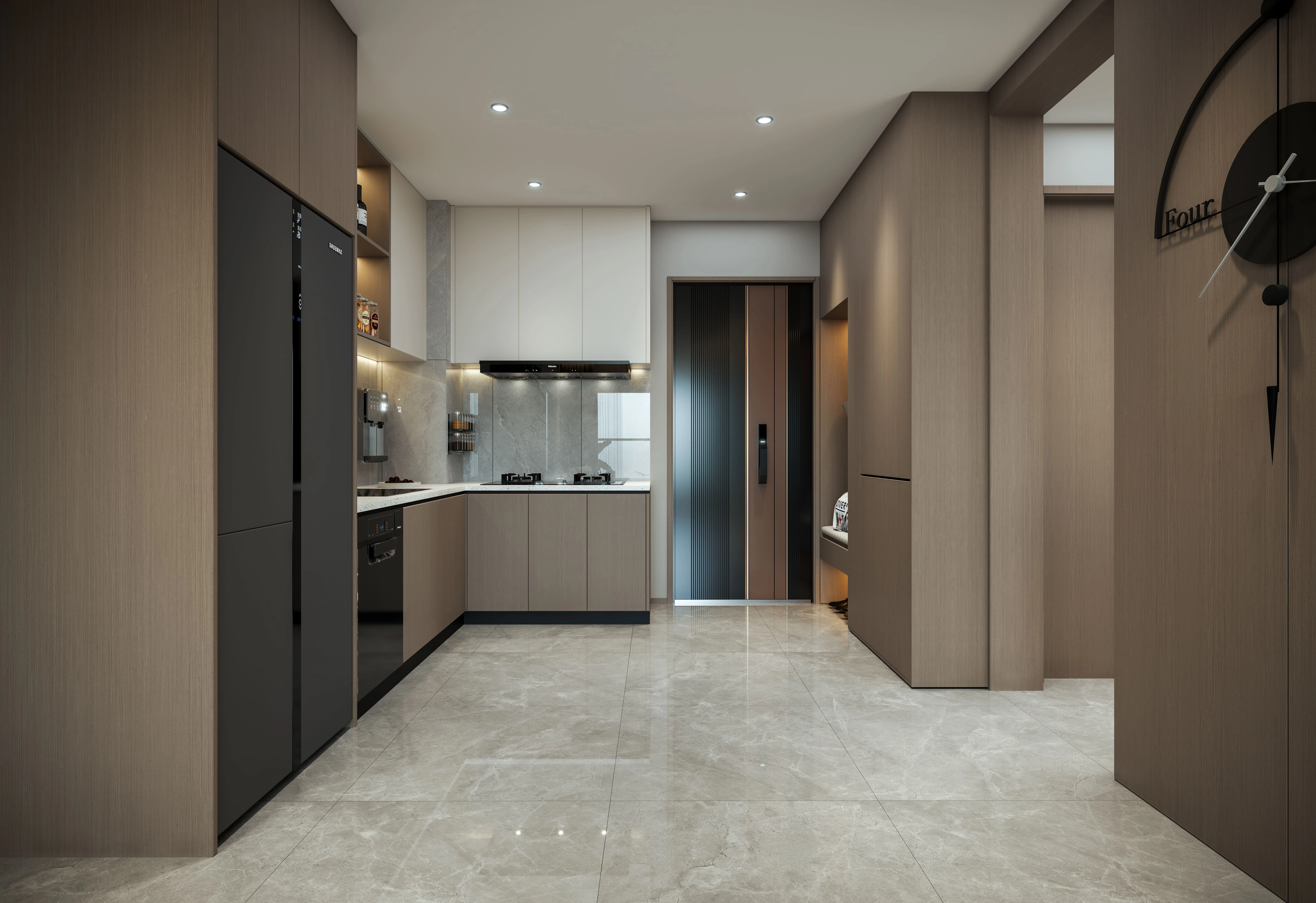 Kitchen rendering at Nova Garden, Kilimani, with wood-effect cabinets, black refrigerator, cooktop and glossy floor tiles.