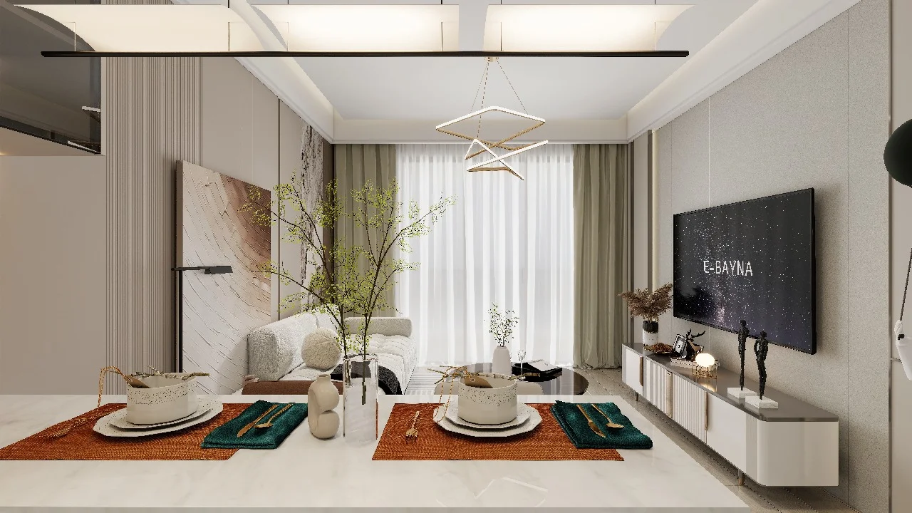Nova Garden, Kilimani, living and dining area rendering with a sofa, wall-mounted television and geometric pendant lighting.