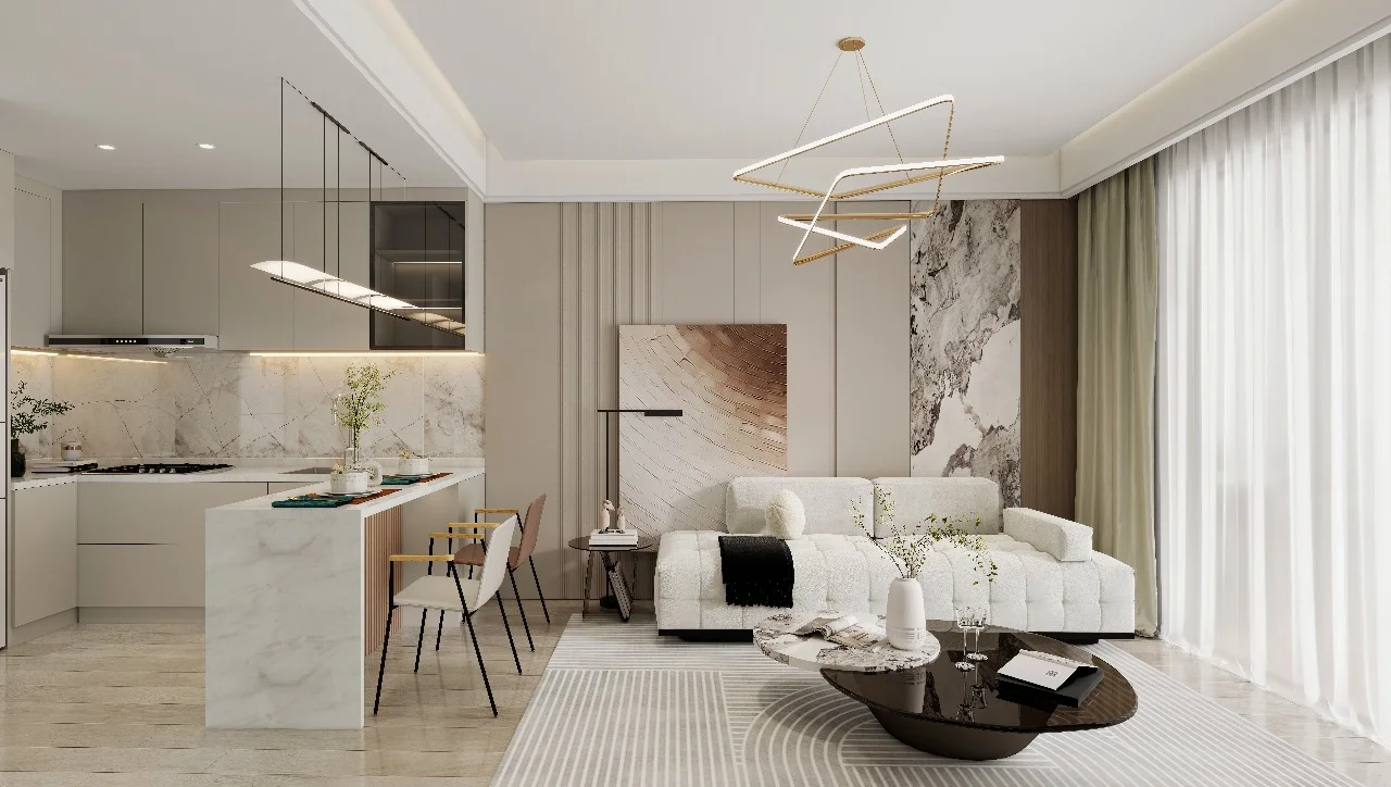 Open-plan living room and kitchen rendering at Nova Garden, Kilimani, with a white sofa and breakfast bar.
