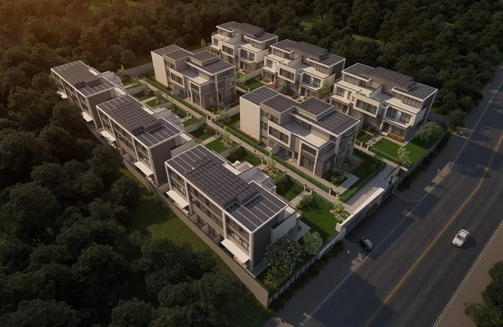 Aerial rendering of Onlyou Njumbi Villas in Lavington, showing multi-storey homes, landscaped gardens and surrounding trees.