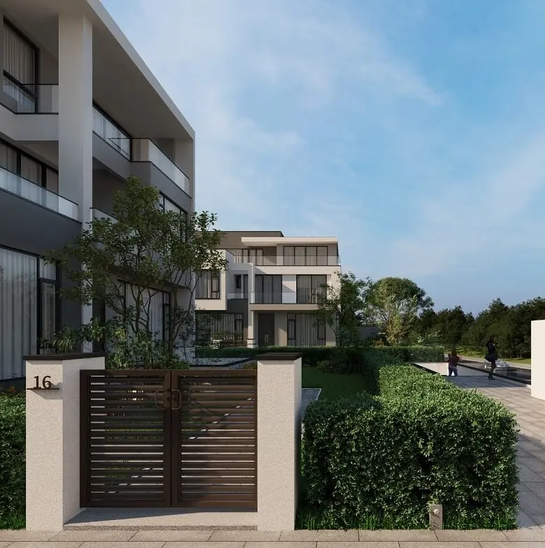 Rendering of Onlyou Njumbi Villas in Lavington, showing a slatted entrance gate, hedges and balconies.