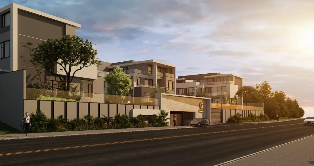 Architectural rendering of Onlyou Njumbi Villas in Lavington, showing multistorey homes, perimeter wall and entrance.