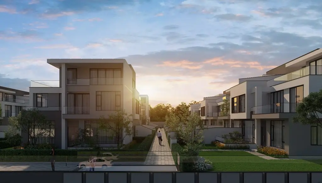 Exterior rendering of Onlyou Njumbi Villas in Lavington, showing balconies, large windows, lawns and a central walkway.