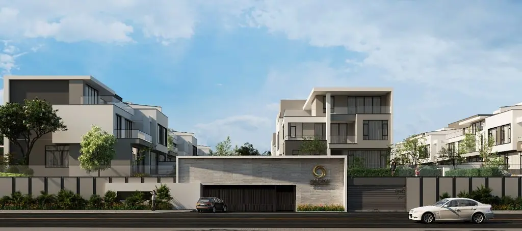 Architectural rendering of Onlyou Njumbi Villas in Lavington, showing multi-storey homes, a gated entrance and roadside landscaping.