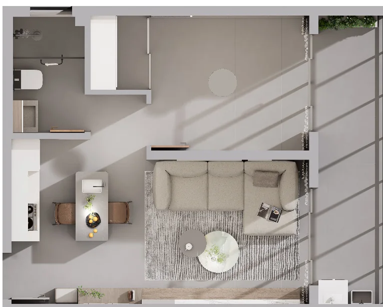 Rendered Oxford Garden Kilimani apartment floor plan showing a furnished living area, kitchenette and bathroom.