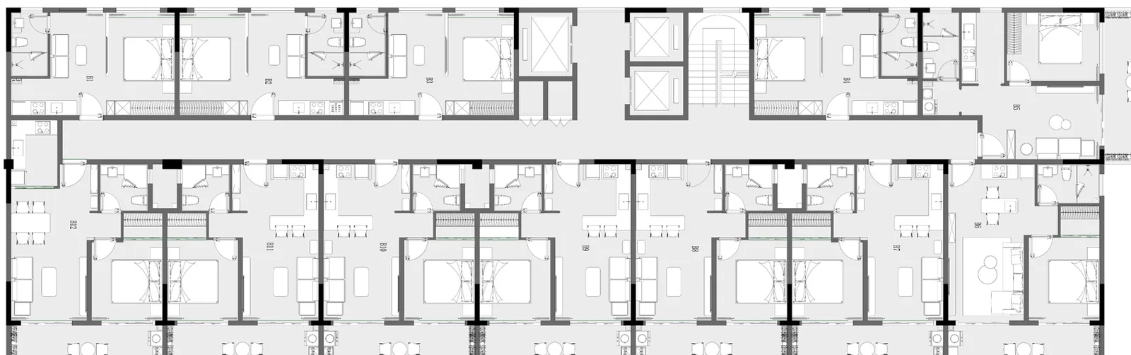 Oxford Garden Kilimani floor plan showing apartment layouts, a central corridor, lifts and stairs.