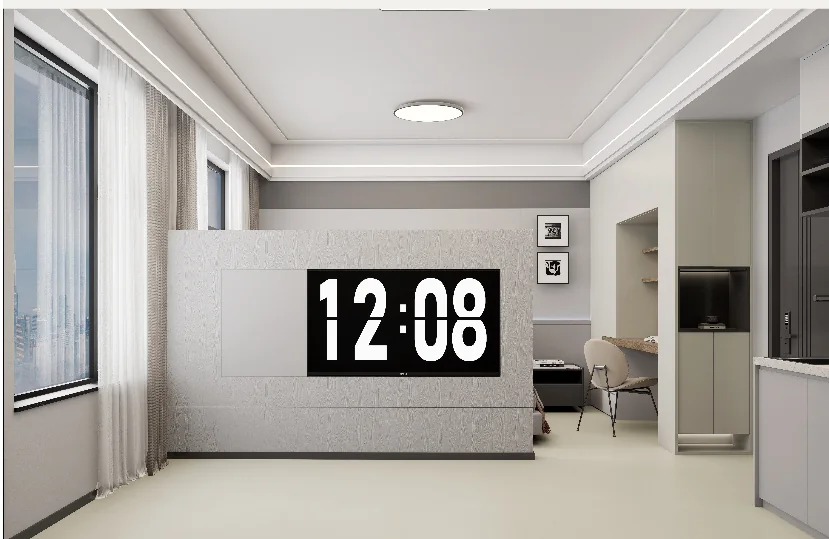 Apartment interior rendering at Oxford Garden, Kilimani, with curtained windows, a partition wall and built-in cabinets.