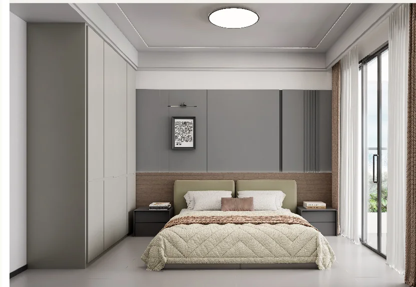 Bedroom rendering for Oxford Garden Kilimani with a double bed, fitted wardrobe and curtained glass doors.